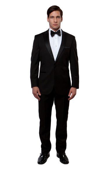 Black / Black Satin Bryan Michaels Peak Lapel Tuxedo Solid Slim Fit Prom Tuxedo For Men MT182S-01 - Hattitude